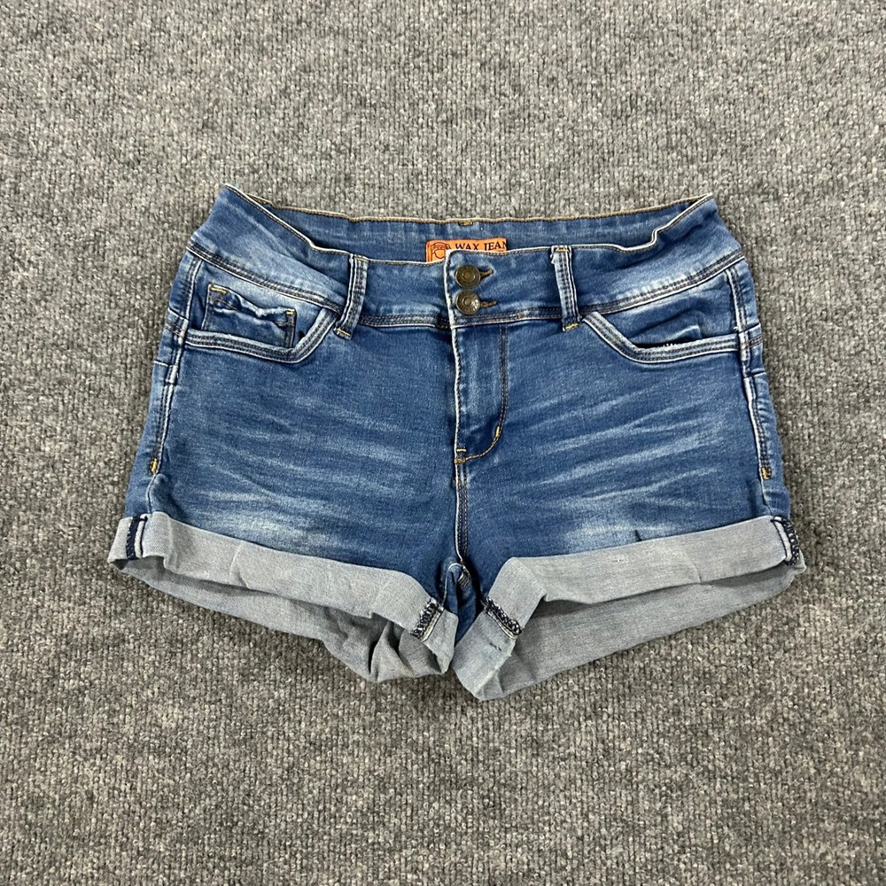 Wax Jean Denim Shorts Womens Size 7 Blue Cuffed Stretch Double Button Push Up